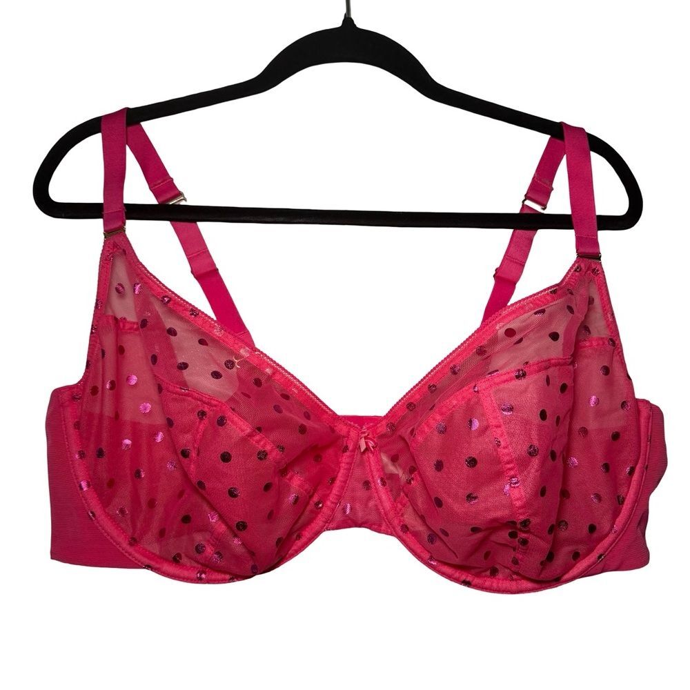 Cacique Bra Seriously Sexy Pink Sheer Full Coverage 46DD/E Metallic Polka Dot